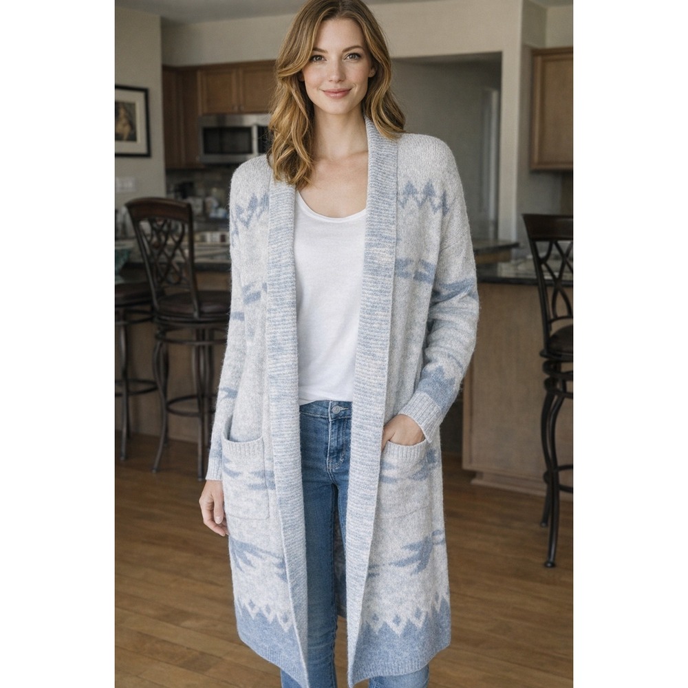 Southwestern Aztec Cardigan Long Duster Soft Gray Blue Knit Boho Cabin Style